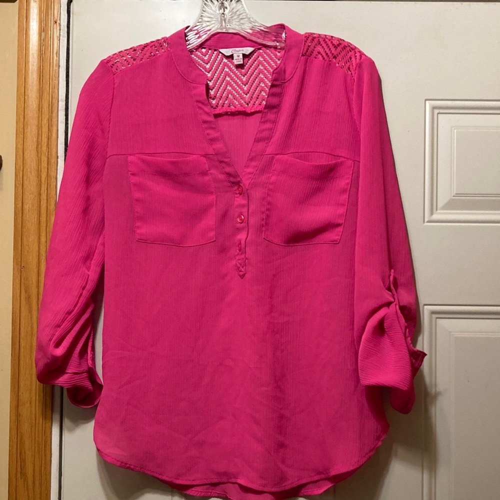 Candies Women’s Pink Crochet-Shoulder V-Neck Blouse M
